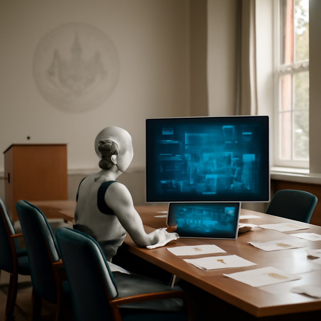 State regulators meet around a table with a robot and papers, discussing AI in medicine.