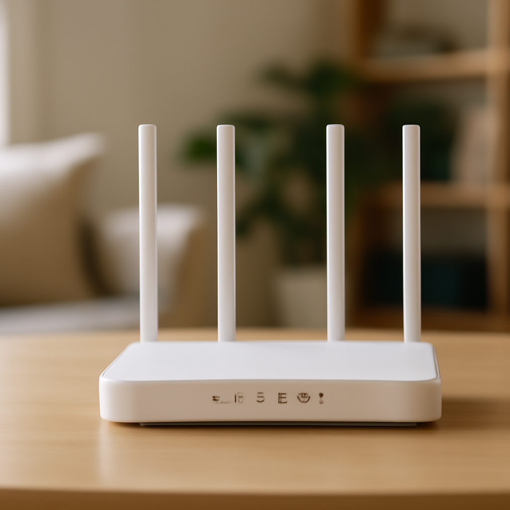 A generic router sits centered on a neutral-colored surface in a residential setting.