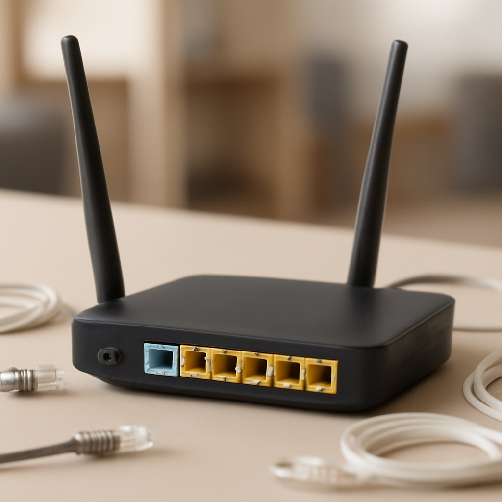 Router on a neutral surface with scattered network cables and a blurred background.