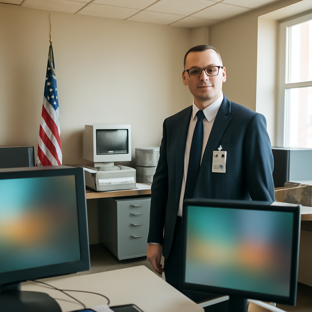 Government office interior with old and new technology, state official or IT specialist surrounded by neutral-toned walls…