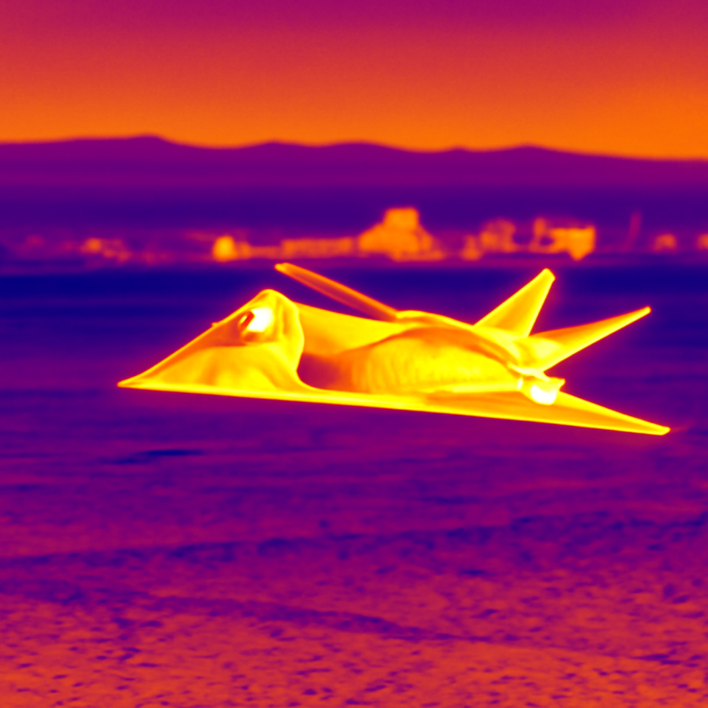 Aircraft with double arrowhead fuselage flies low over desert landscape at dusk.