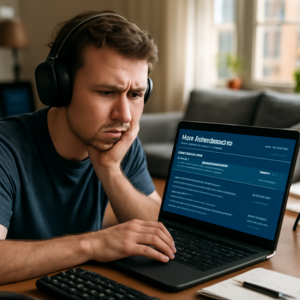 Concerned gamer sits at desk surrounded by peripherals, puzzled by laptop screen showing Steam forum page.