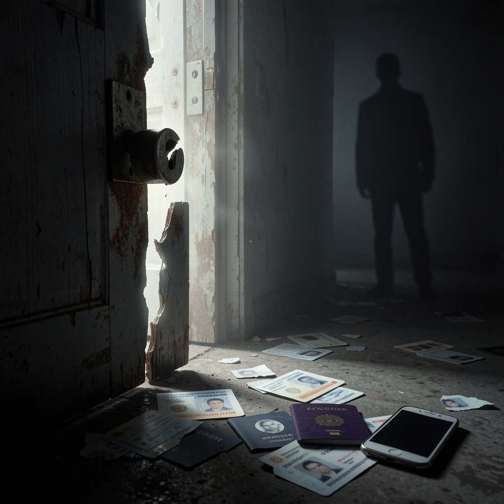Broken lock on a door with scattered ID cards, passports, and a smartphone, with a subtle shadow of a person in the…