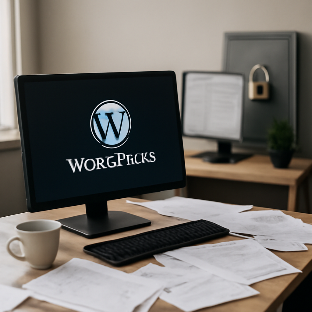 Cluttered developer workspace with computer, paperwork, and security symbol.