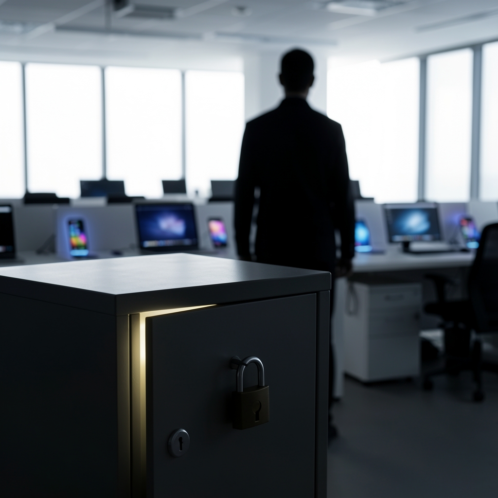 Shadowy figure looms behind bright office space with glowing devices, with a locked cabinet in the foreground.