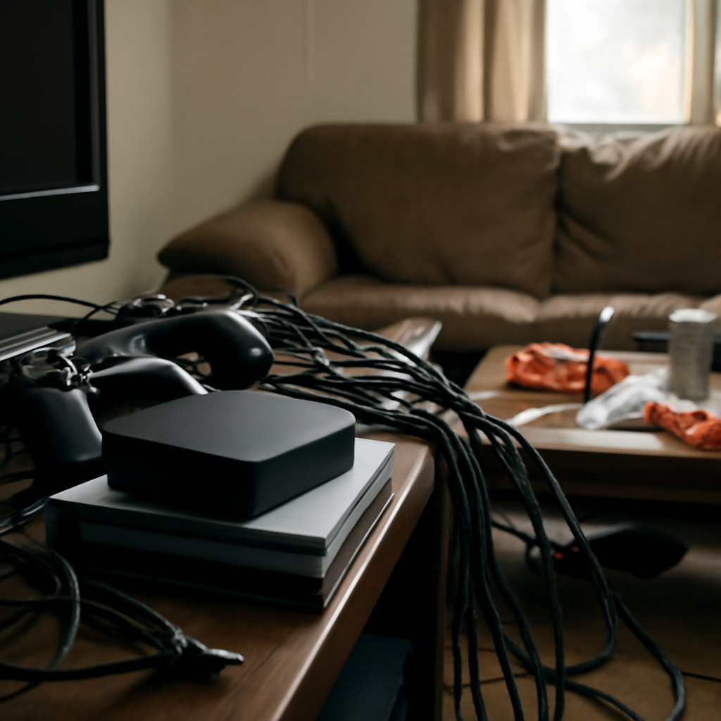 Cluttered living room with streaming device on TV stand amidst scattered electronics and cables.
