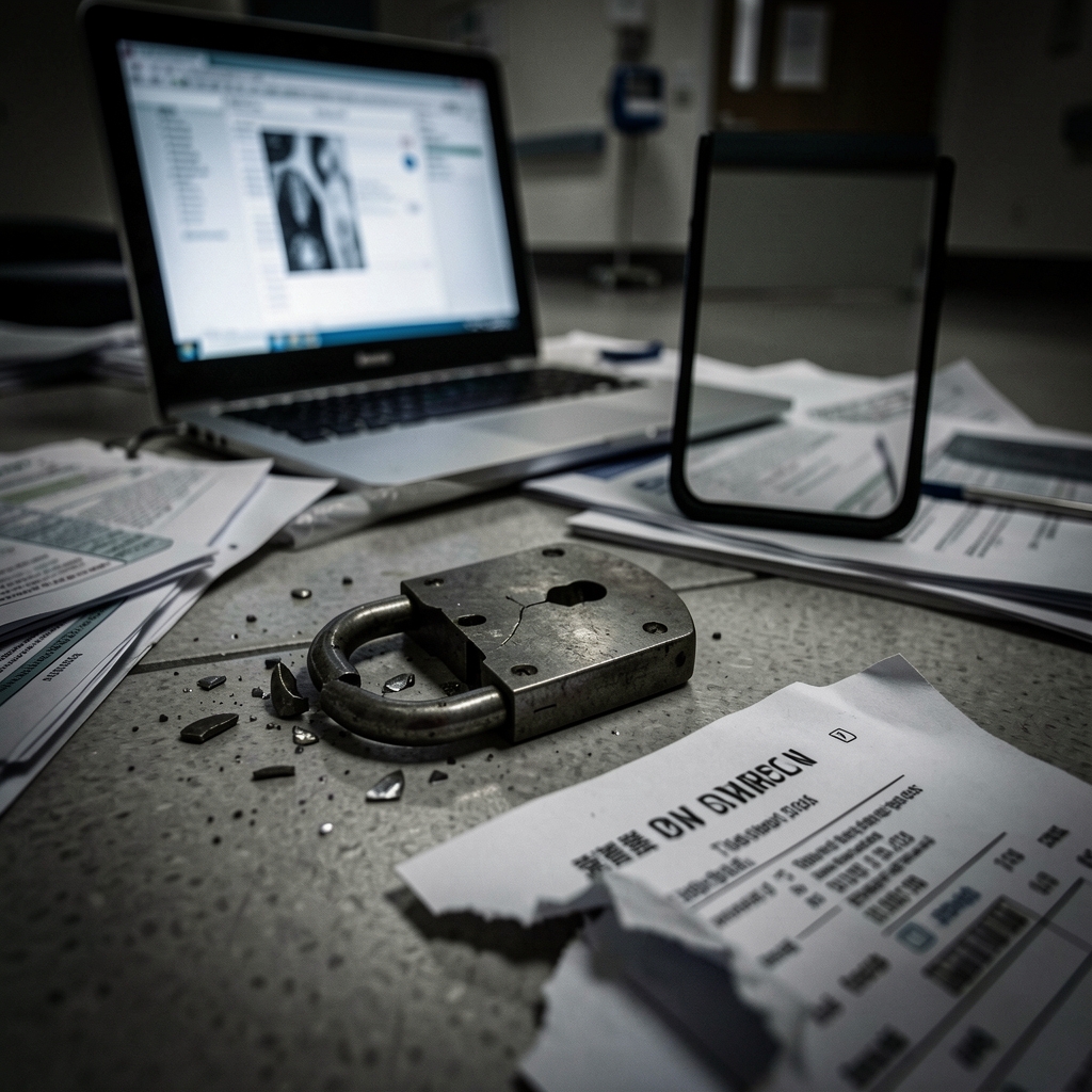 Broken padlock on hospital floor with laptop and scattered medical records in background.