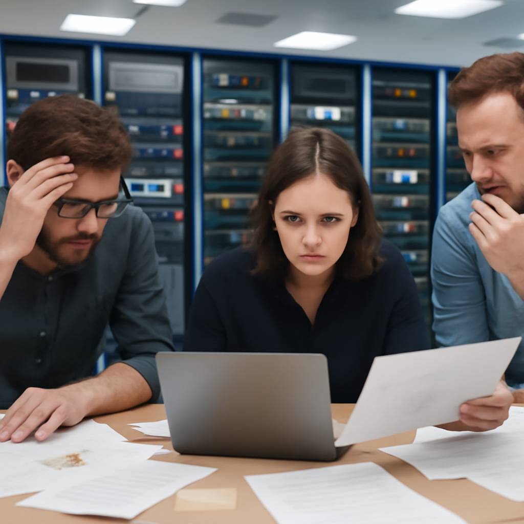 Concerned employees surrounded by papers stand in front of rows of computer servers in a brightly-lit music tech office.