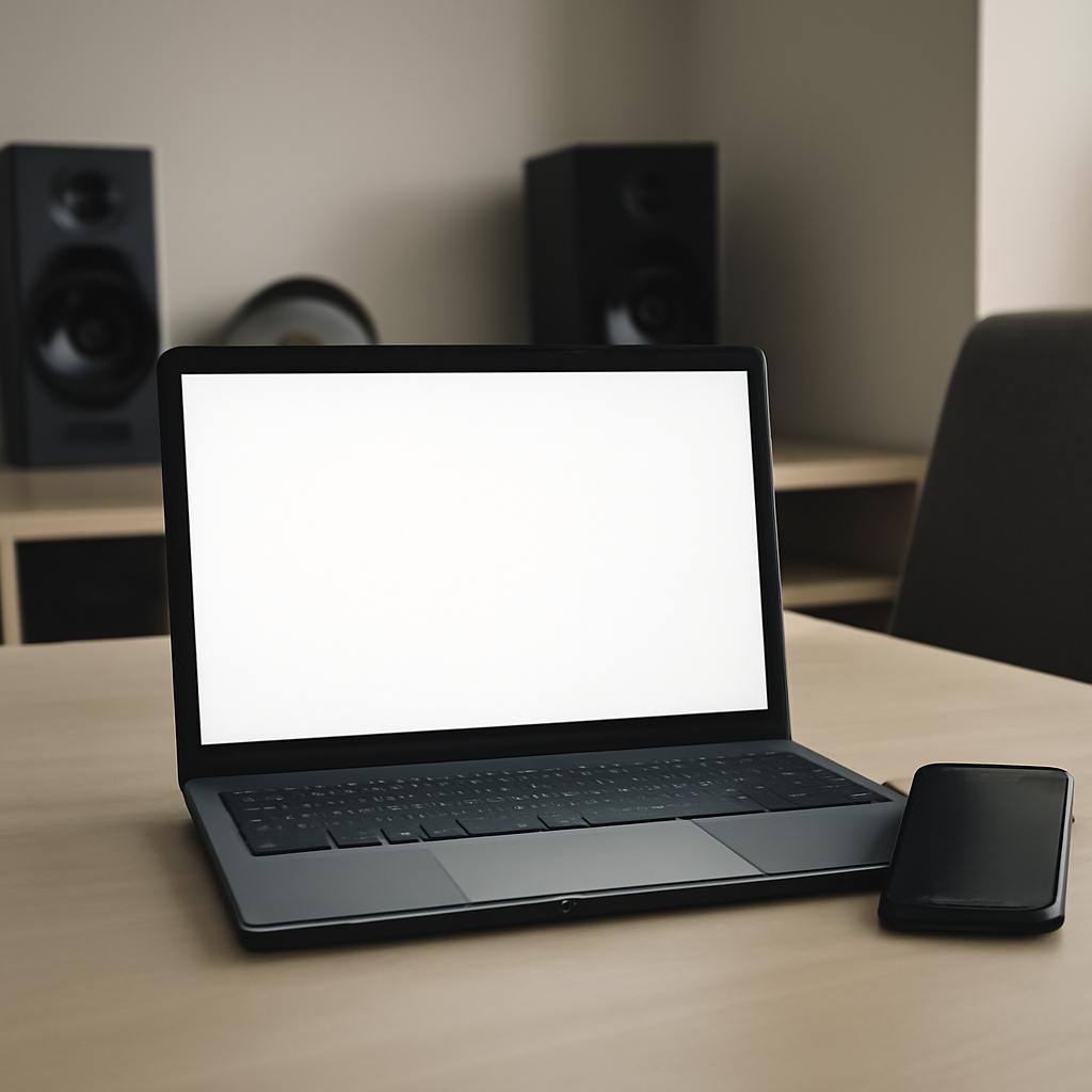 Laptop with blank screen sits on office desk surrounded by neutral workspace.