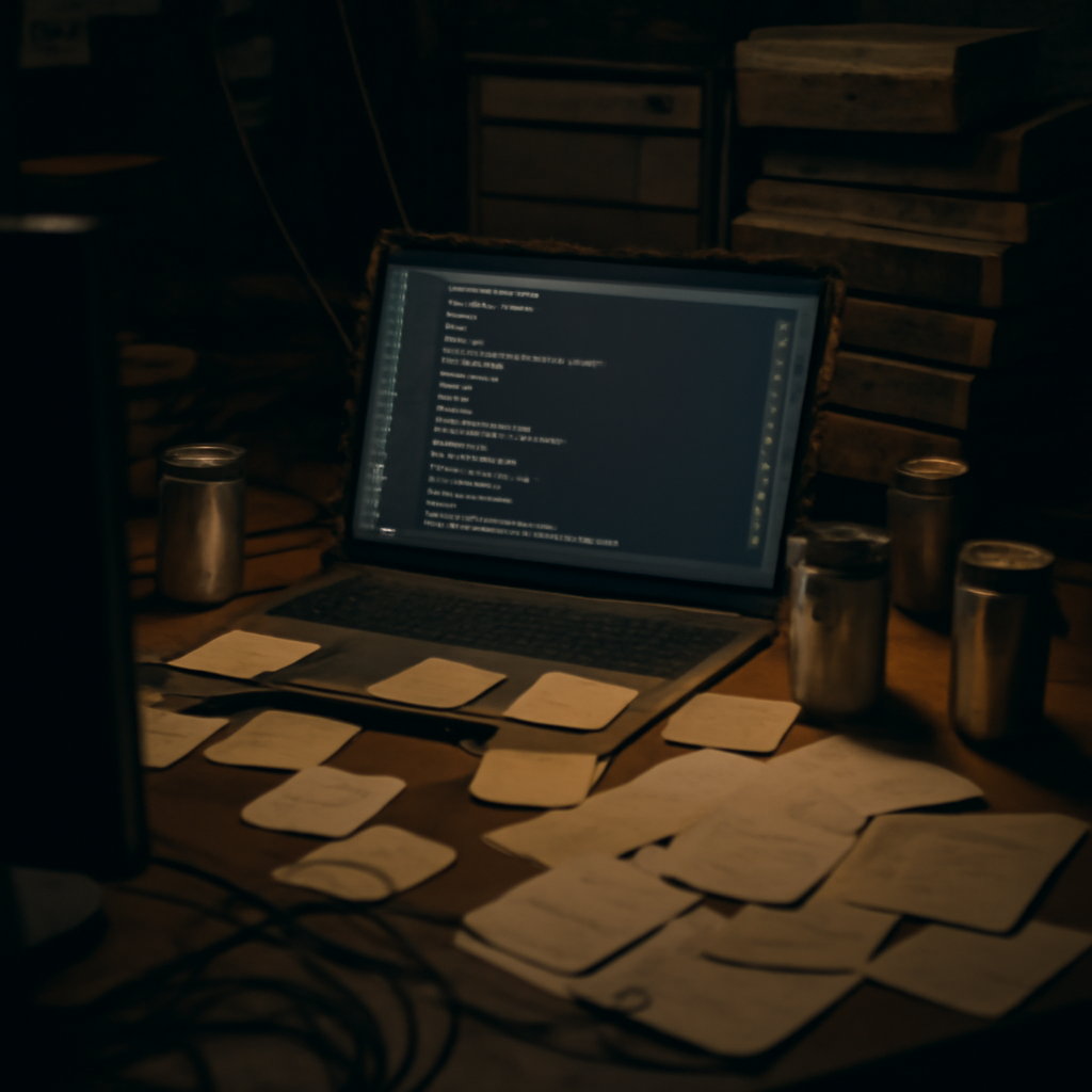 Cluttered developer workstation with laptop, notes, and empty cans amidst computer hardware and dusty books.