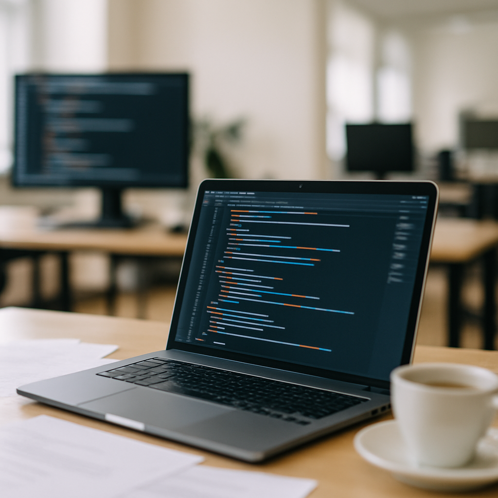 Laptop screen displays lines of code on a modern office desk with blurred equipment in the background.