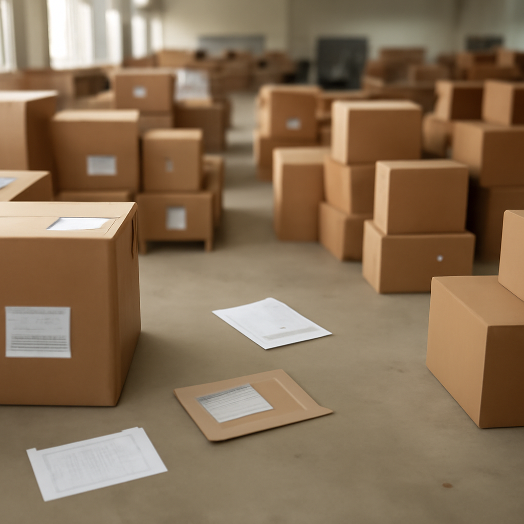 Rows of boxes and packages in a well-lit logistics facility with scattered shipping documents and a computer in the…