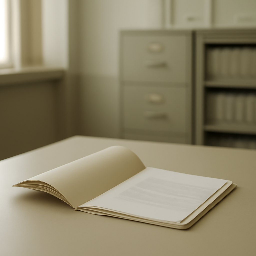 Government office setting with open folder and papers on a plain surface.