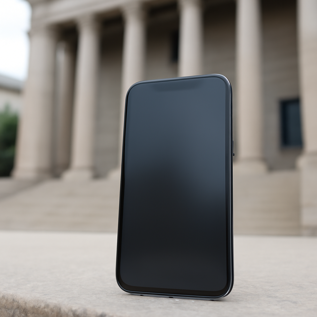 Smartphone on a neutral surface with blurred courthouse background.