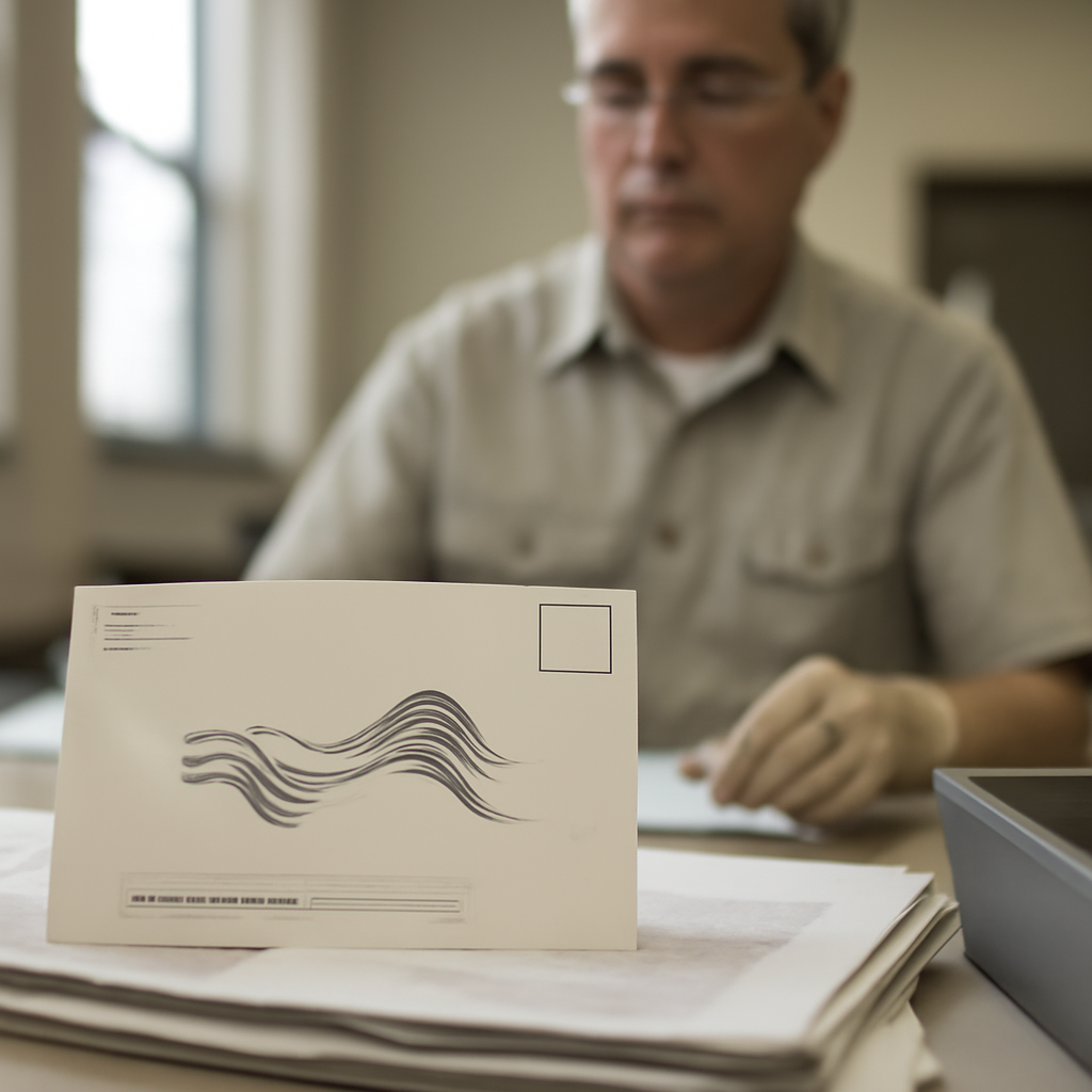 Mail-in ballot being processed by official in well-lit institutional setting.