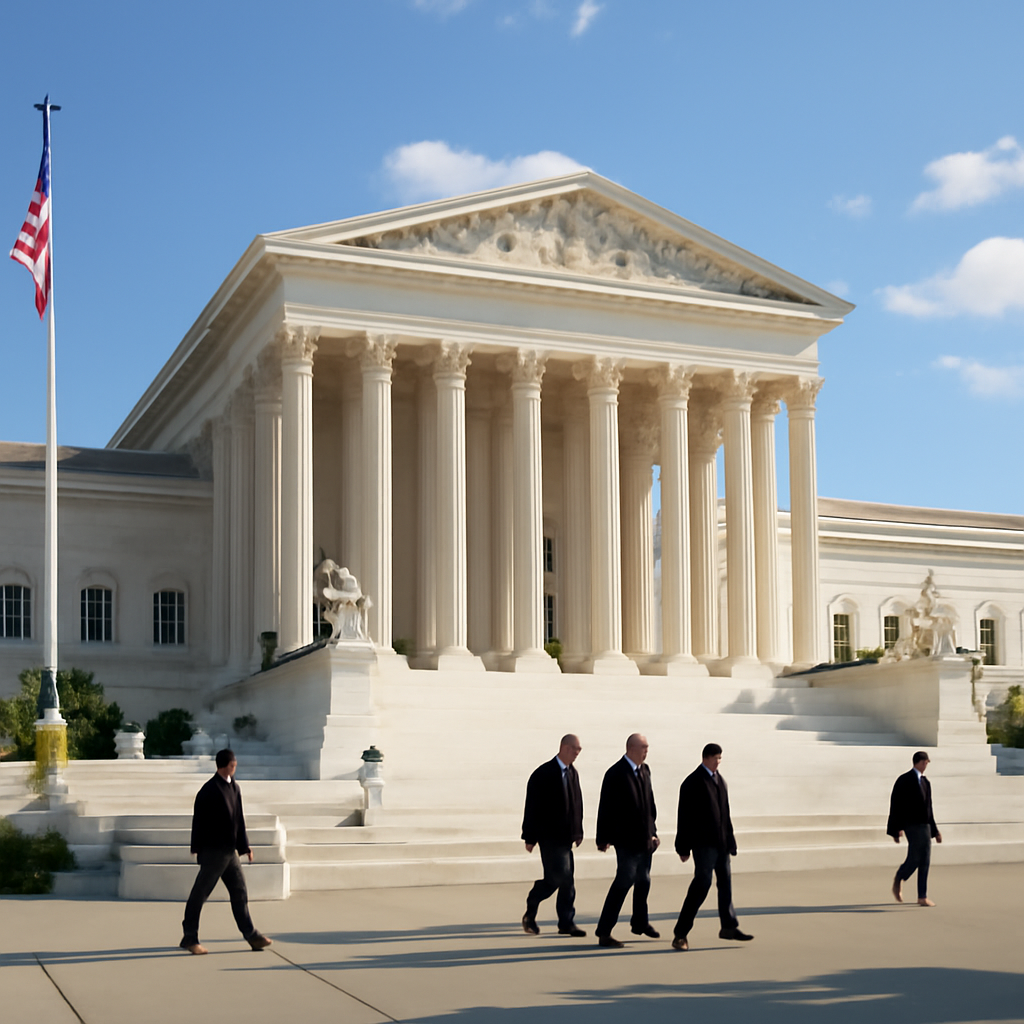 United States Supreme Court building on a sunny day with people walking in the foreground.