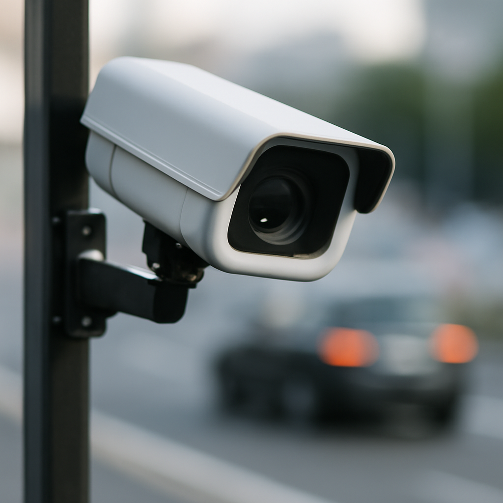 Close-up of a sleek automatic license plate reader camera mounted on a pole, pointed at a passing vehicle's license plate.