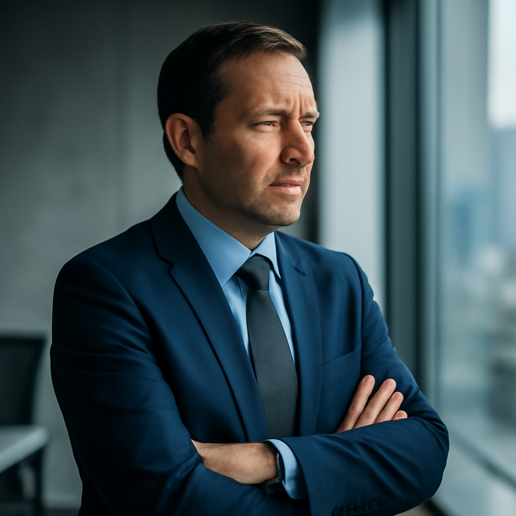 Business executive stands in office, lost in thought with a subtle expression of concern.