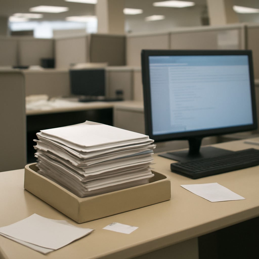 Office desk with papers and a nearby workstation showing a blurred email inbox, hinting at disruption.