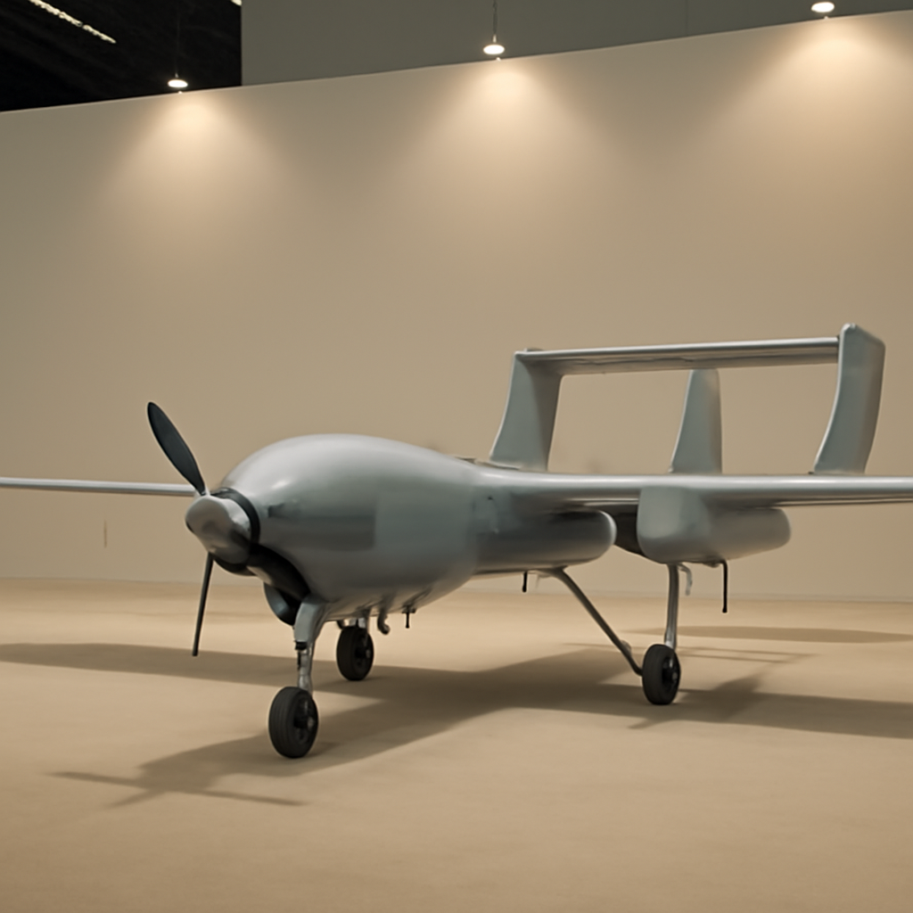 Full-scale drone mockup with single-propeller fuselage and OV-10-inspired tail on display.
