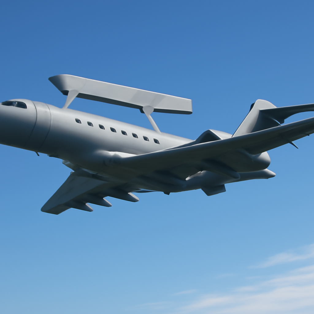 Saab GlobalEye airborne early warning and control plane in flight against a clear blue sky.