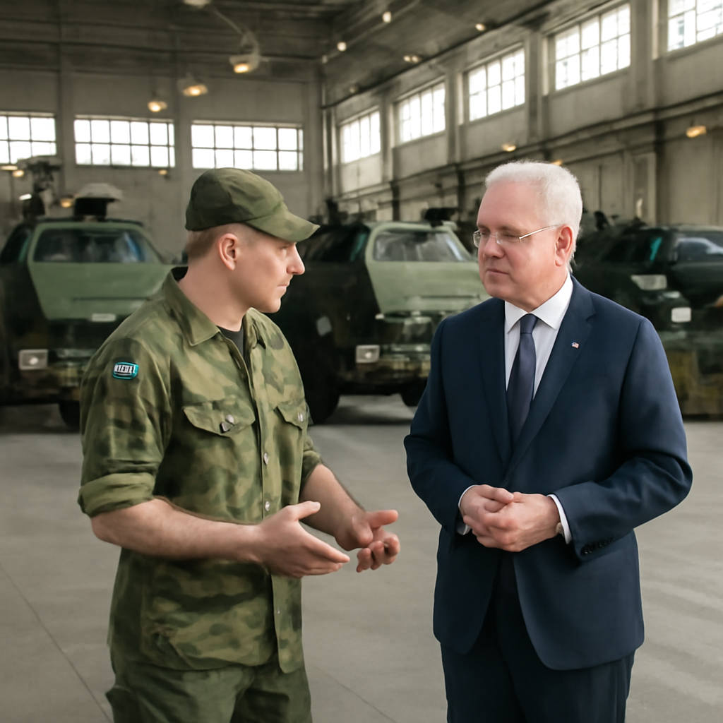 Swedish military officials discuss HIMARS launchers and equipment in a hangar.