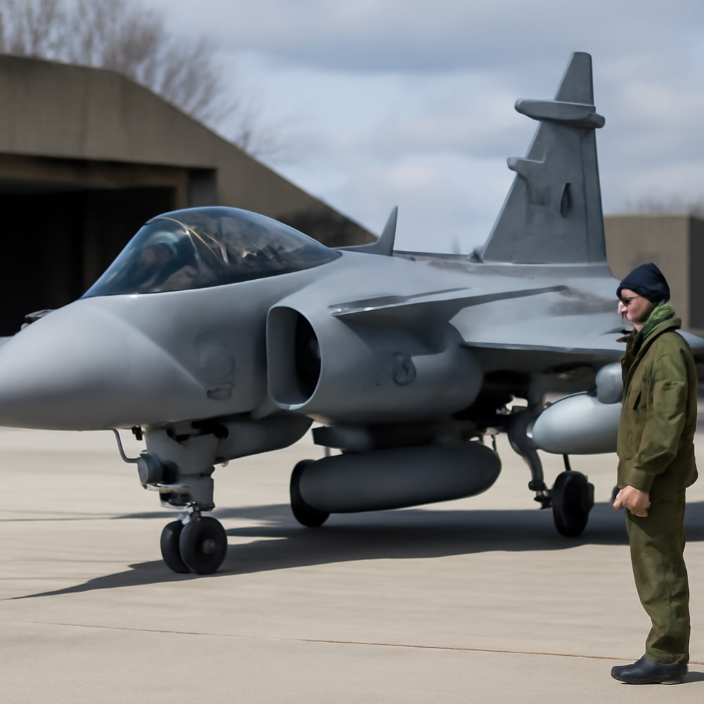 Gripen E fighter jet on a runway with Swedish defense personnel in the background.