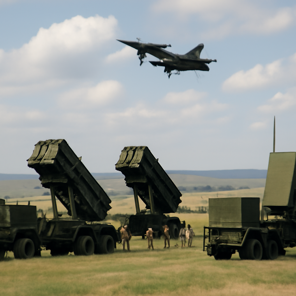 Swedish Patriot air defense system deployed in rural Poland with launchers and radar.
