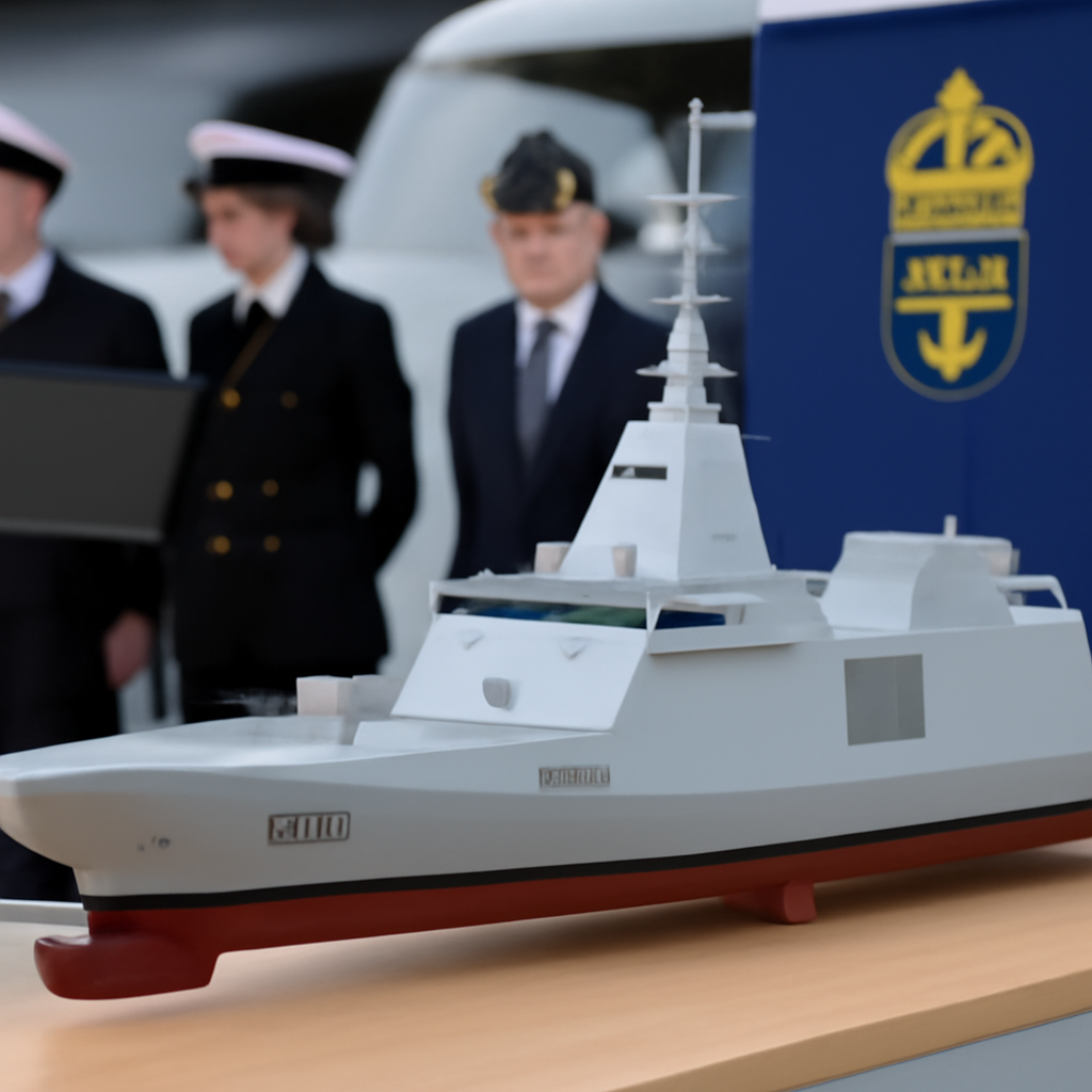 Naval Group FDI frigate model on a conference table with Swedish officials.