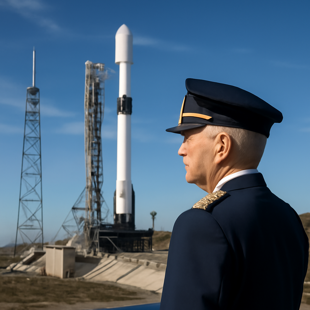 Swedish military officer looks out at Falcon 9 rocket on California launchpad.
