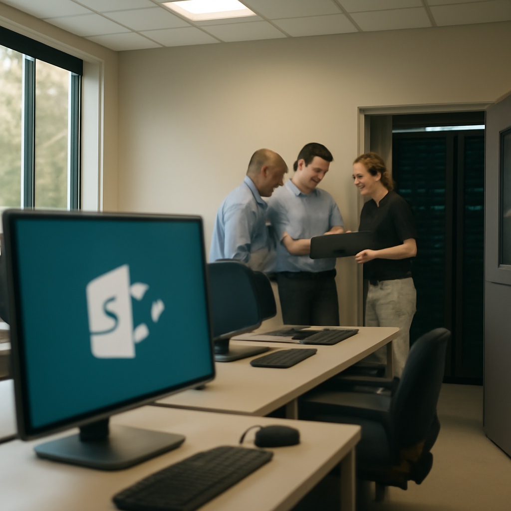 Security personnel investigate a server room with a slightly ajar door, surrounded by computer workstations and a large…