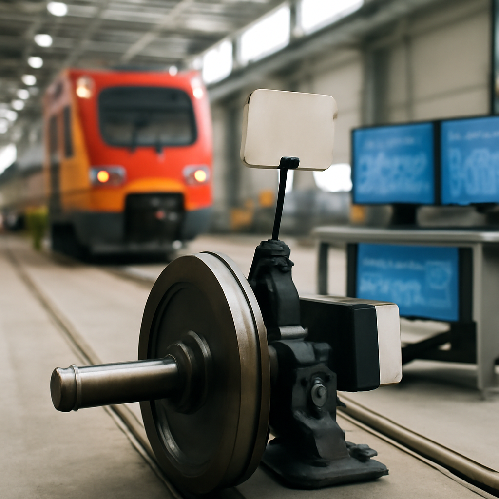 Train manufacturing facility interior with control panel in foreground.