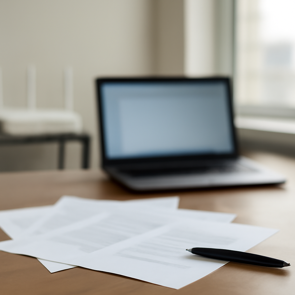 Blurred laptop and router in office setting with scattered papers and pen.