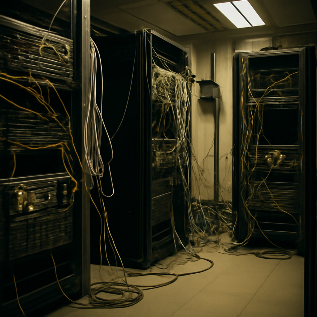 Dimly lit server room with rows of computer servers and networking equipment showing signs of disarray and potential…