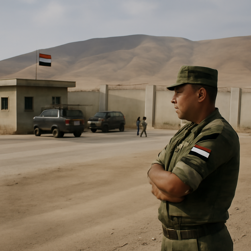 Syrian military base with Russian vehicles and personnel in desert landscape.