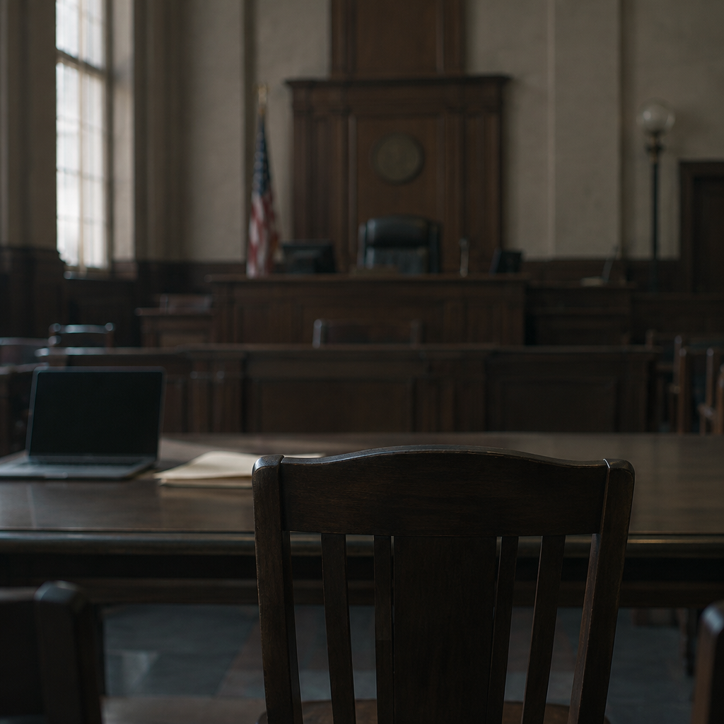 A dimly lit courtroom interior with a judge's bench, empty chair, laptop, and papers under soft natural light.