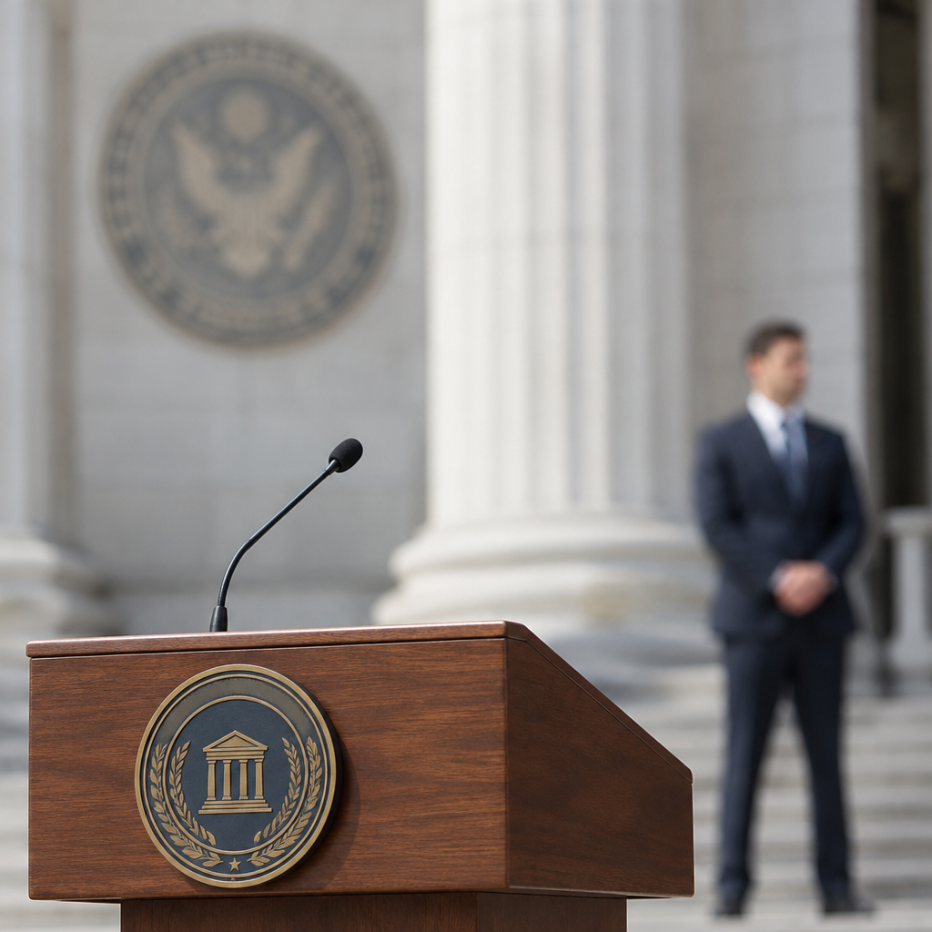 Courthouse interior with podium and single figure in background.
