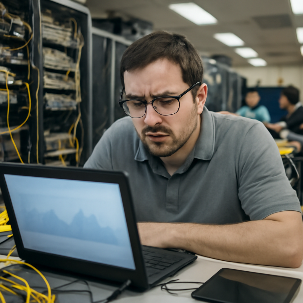 Sysadmin scrutinizes laptop screen in cluttered data center workstation.