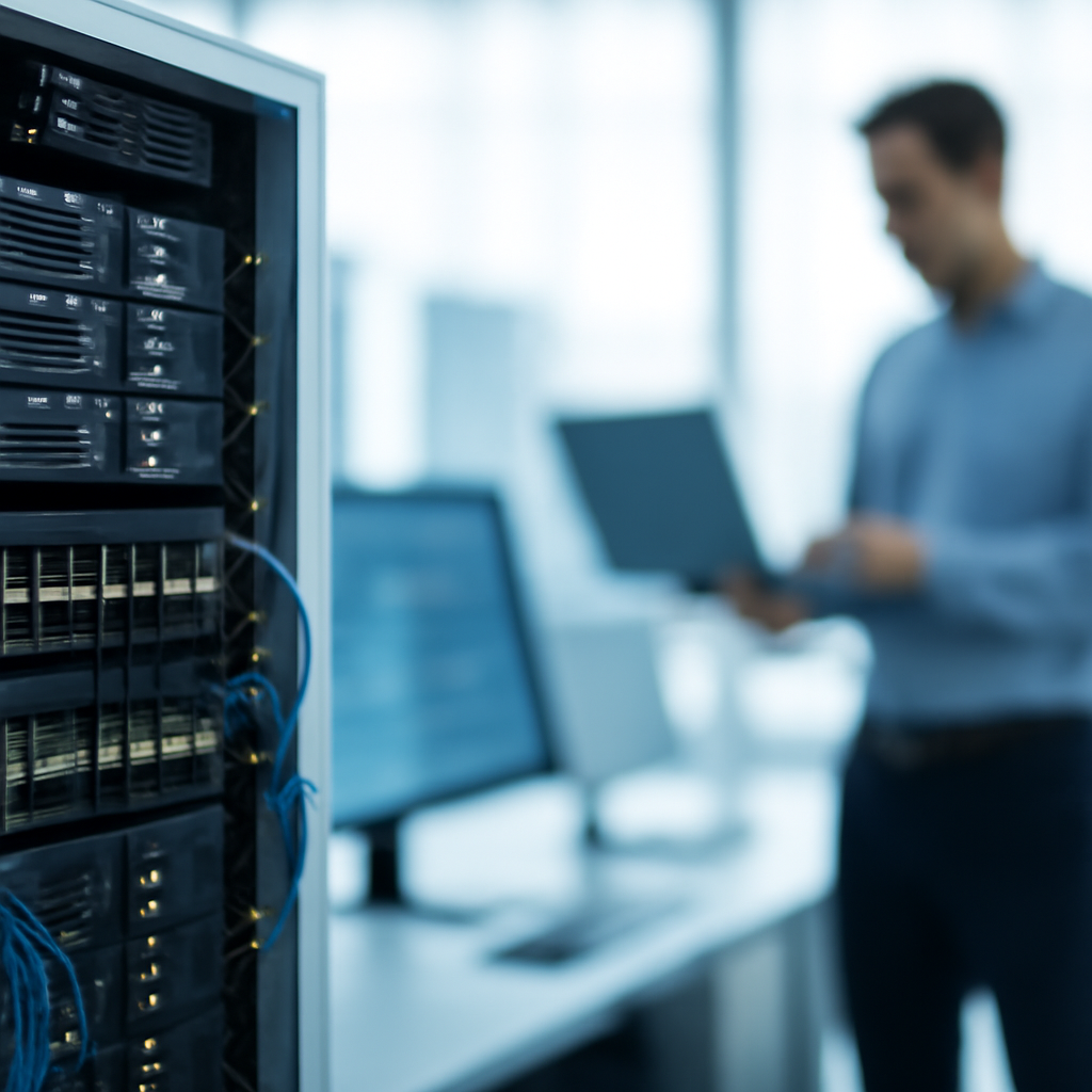 Blurred figure of a person works amidst server racks and monitors in a brightly-lit data center.