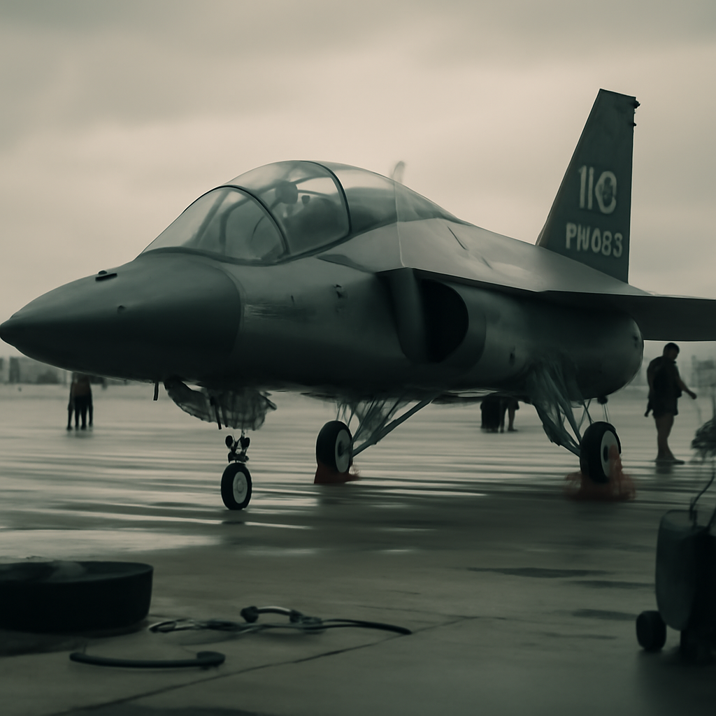 T-7 Red Hawk trainer jet centered on a runway or in a hangar with maintenance personnel in the background under overcast…