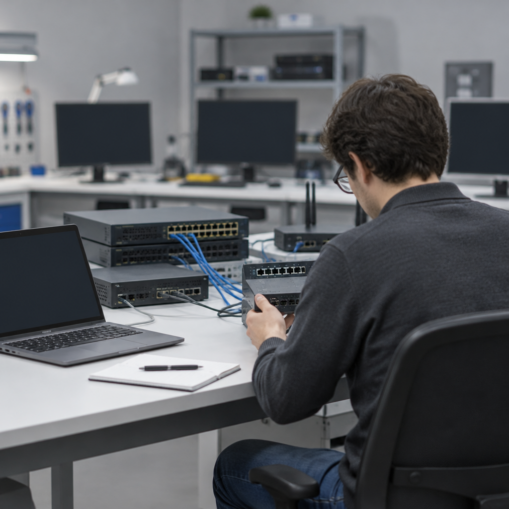 Laboratory workbench with laptop and network devices connected by cables.