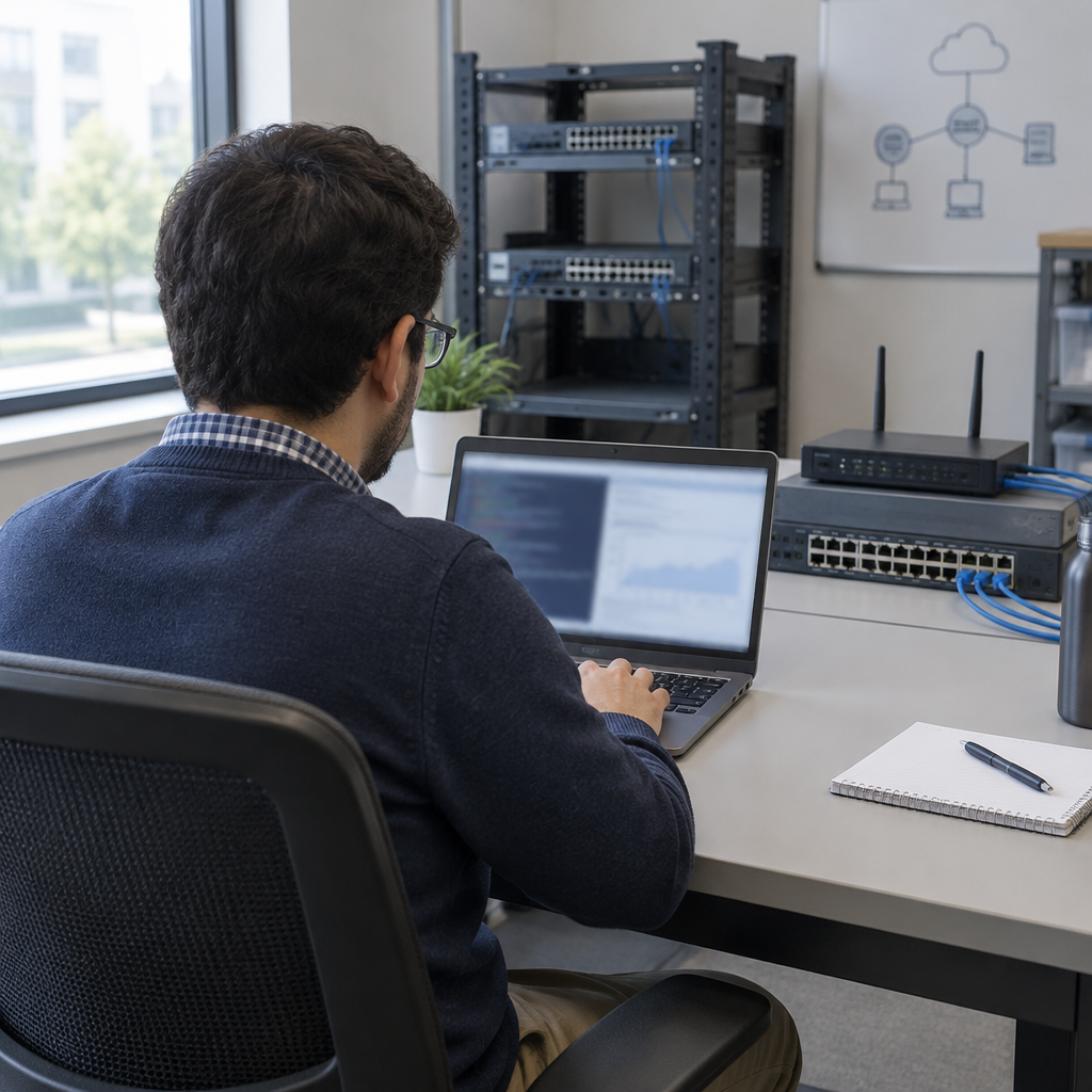 A well-lit computer workstation and networking equipment in a laboratory setting.