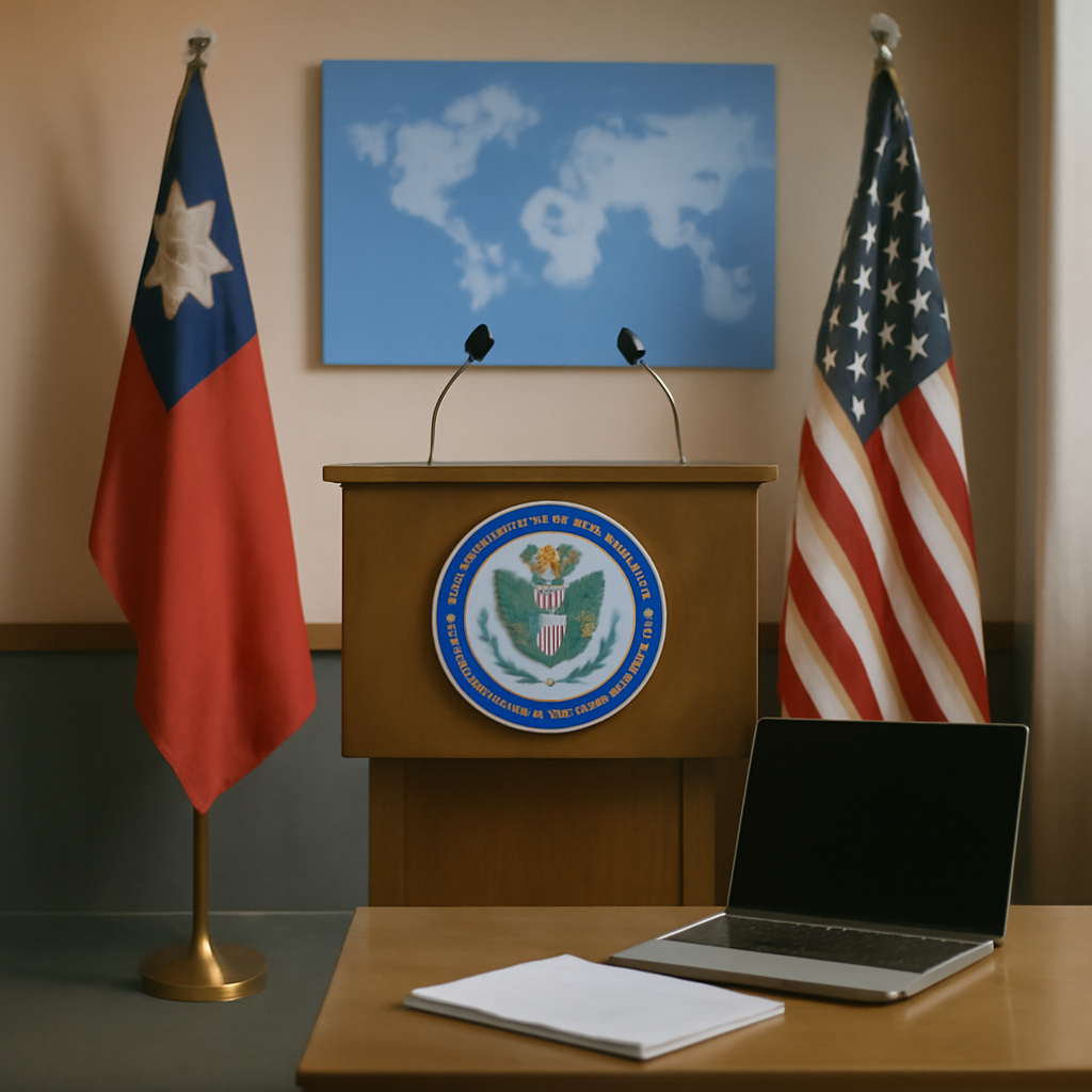 US State Department podium with subtle flag and documents nearby.