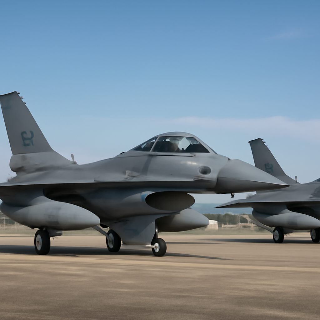 Two F-16 Block 70 fighter jets sit on a tarmac at an airbase under a clear sky.