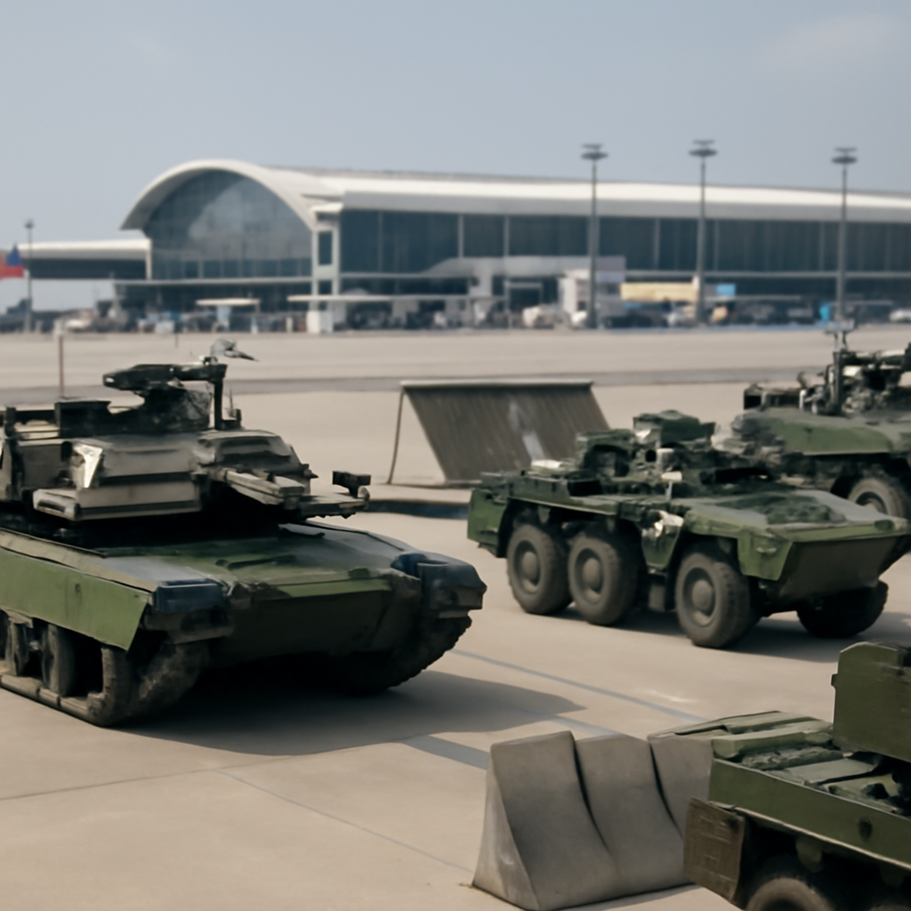 M1A2T Abrams tanks and CM-32 Clouded Leopard vehicles on Taoyuan airport tarmac with terminal buildings in background.