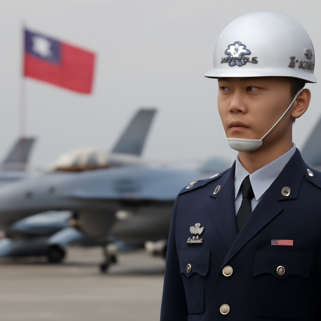 Taiwanese military personnel stands at attention before military vehicles.