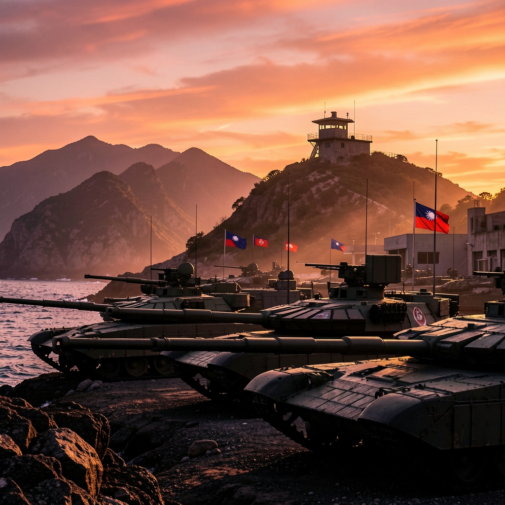 Tanks line up on rugged coastline at sunset, with watchtower and Taiwanese flags in background.