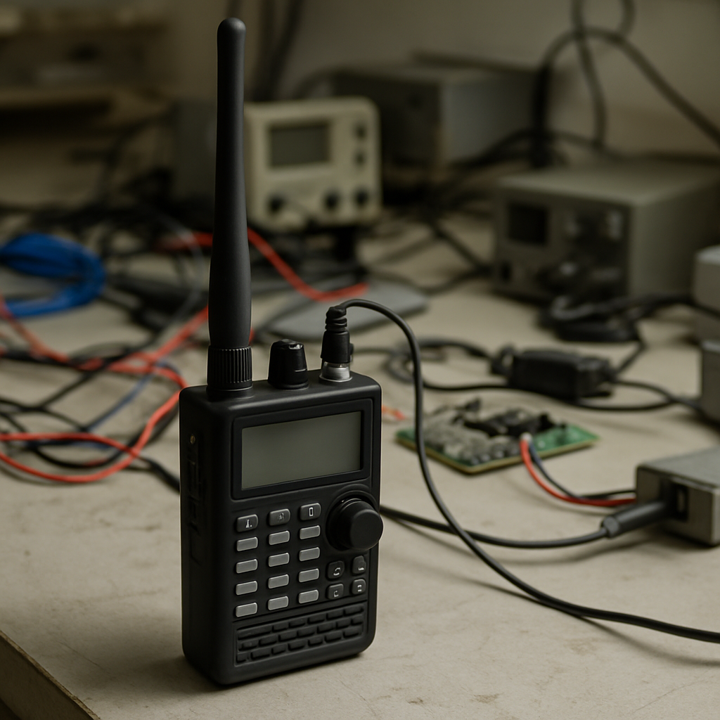 Handheld radio device sits on a workbench amidst generic equipment.