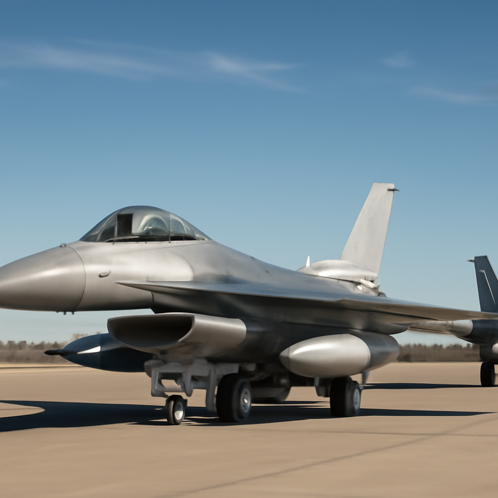 Two F-16 fighter jets sit on a runway with a clear blue sky and wispy clouds in the background.
