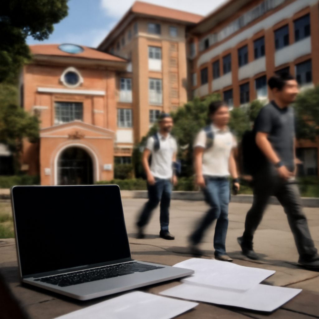 University campus scene with laptop and scattered papers.